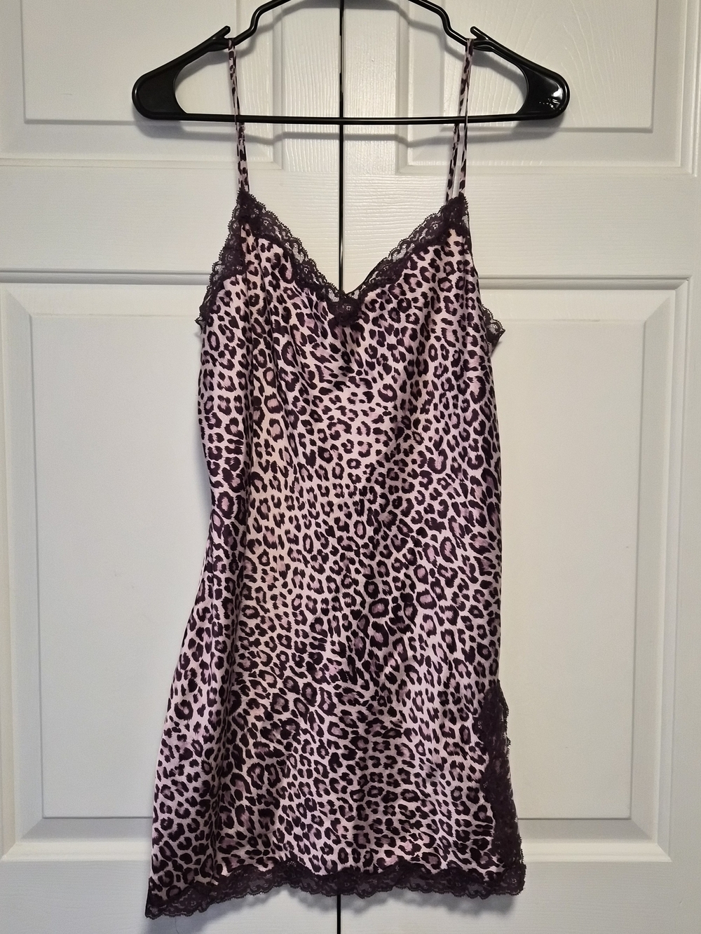 Victoria's Secret Pink Leopard Satin Slip with Dark Purple Lace Trim